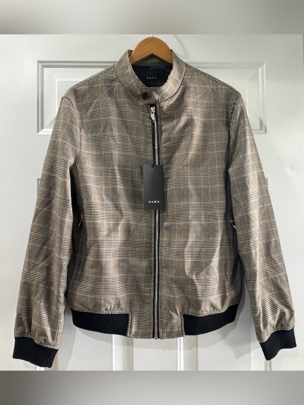 Men's Zara Plaid Check Full Zip-Up Bomber/Racer Jacket Brown Size Medium NEW